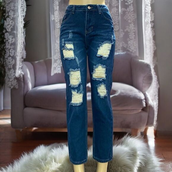 Mid Rise Blue Distressed Denim Ankle Jeans - NEW - Picture 2 of 4